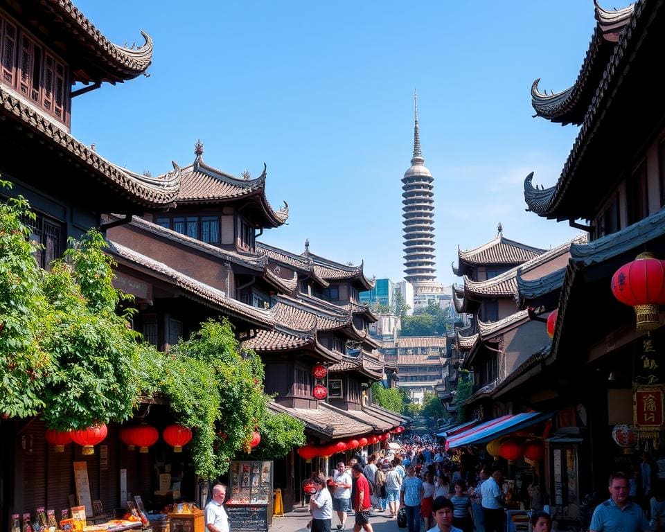 Die Altstadt von Shanghai mit historischen Sehenswürdigkeiten und traditionellen Märkten